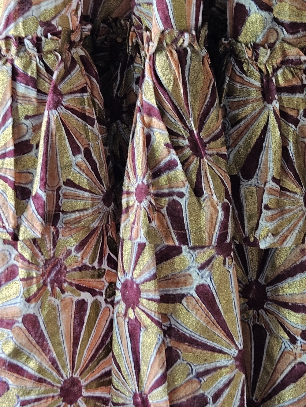 Oliphant Coated Gold Wine And Peach Graphic Printed Smocked Dress - Picture 10 of 10